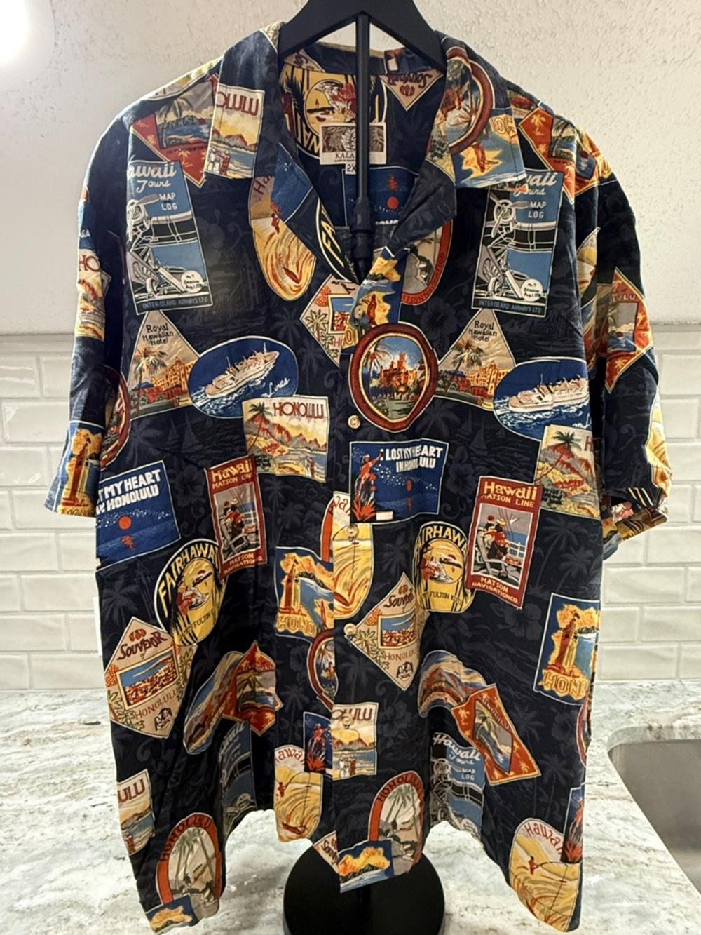 Vintage Kalaheo Made in Hawaii Honolulu Postcard Print Aloha Shirt Men’s 2XL